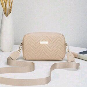 Classic Minimalist Crossbody Bag Quilted Zipper Top Apricot 9" x 6" x 2" PTU NEW
